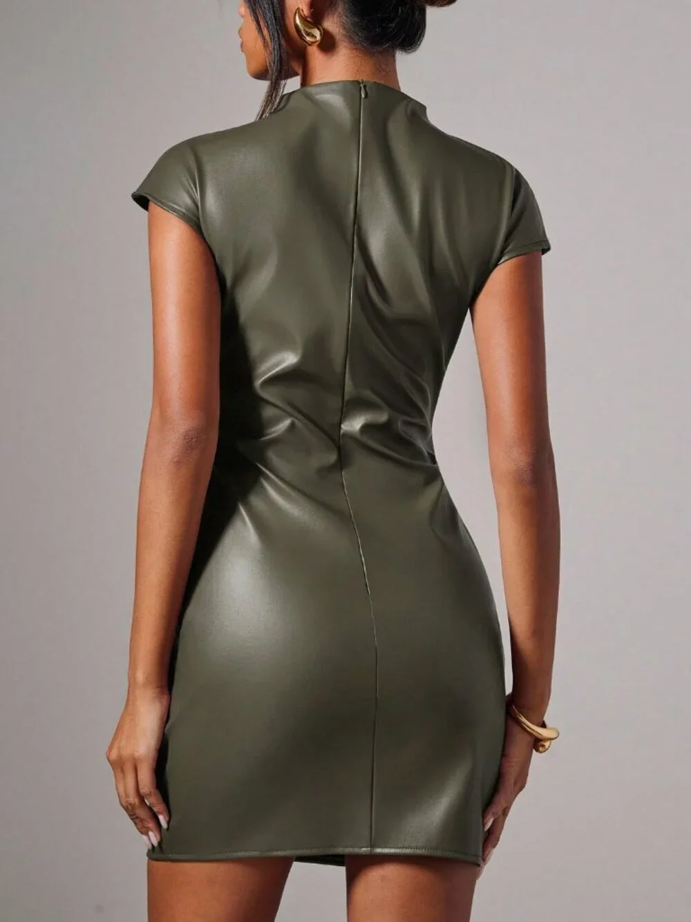 Olive Green Elegant Women's Polyurethane Short Sleeve Mini Dress